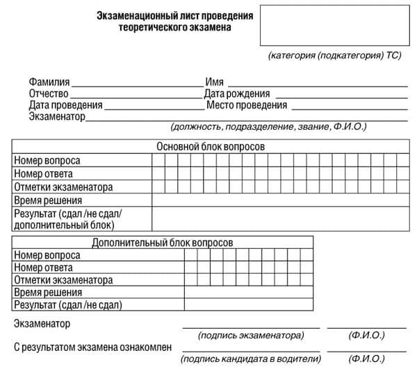 купить лист сдачи теоретического экзамена ПДД в Москве